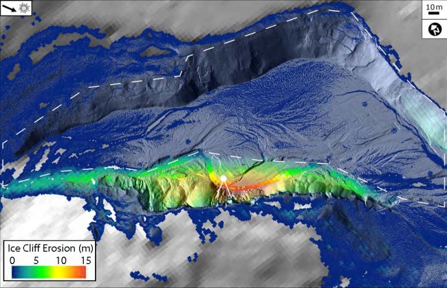 Aerial view of ice cliff erosion since 2001.