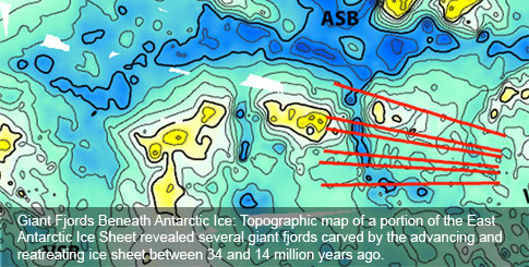 Giant Fjords Beneath Antarctic Ice: Topographic map of a portion of the East Antarctic Ice Sheet revealed several giant fjords carved by the advancing and reatreating ice sheet between 34 and 14 million years ago. Giant Fjords Beneath Antarctic Ice: Topographic map of a portion of the East Antarctic Ice Sheet revealed several giant fjords carved by the advancing and reatreating ice sheet between 34 and 14 million years ago.