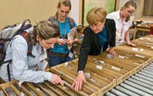 Kitty Milliken (second from right), BEG senior research scientist, provides a hands-on talk at the Core Research Center to industry professionals.