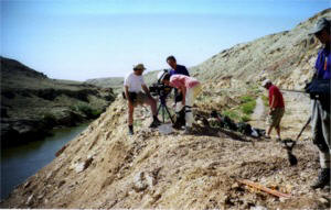 Sarah Holt of NOVA the director is checking out a shot above ground. Behind Sarah are Steve Banister (assistant camera) and Tom Zannes (the cameraman).  To the Right are Justin (production assistant) and Michael Becker (Sound).