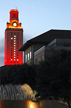 The UT Tower at night lit for the NCAA National Football championship.