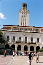 The UT Tower at night lit for the NCAA National Football championship.