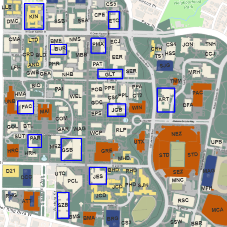 Map of UT Austin campus, showing the buildings we are taking samples from