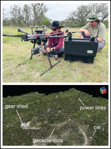 (Top) PhD student Mariel Nelson and Tim Goudge setting up a UAV for lidar mapping. (Bottom) Colorized lidar point cloud.