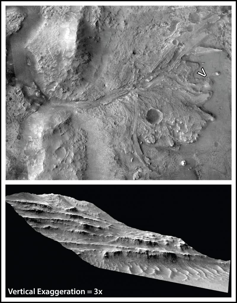 (Top) Jezero crater delta. (Bottom) Outcrop model showing exposed delta stratigraphy.