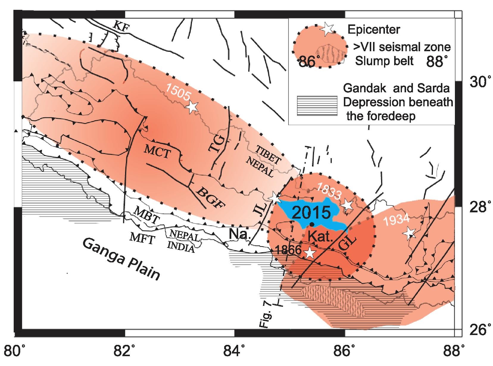 Location of the rupture of the April 2015 earthquake and other historic Himalayan earthquakes, and the main Himalayan tectonic structures. Lineaments and active faults are shown transverse to the Himalayan belt.