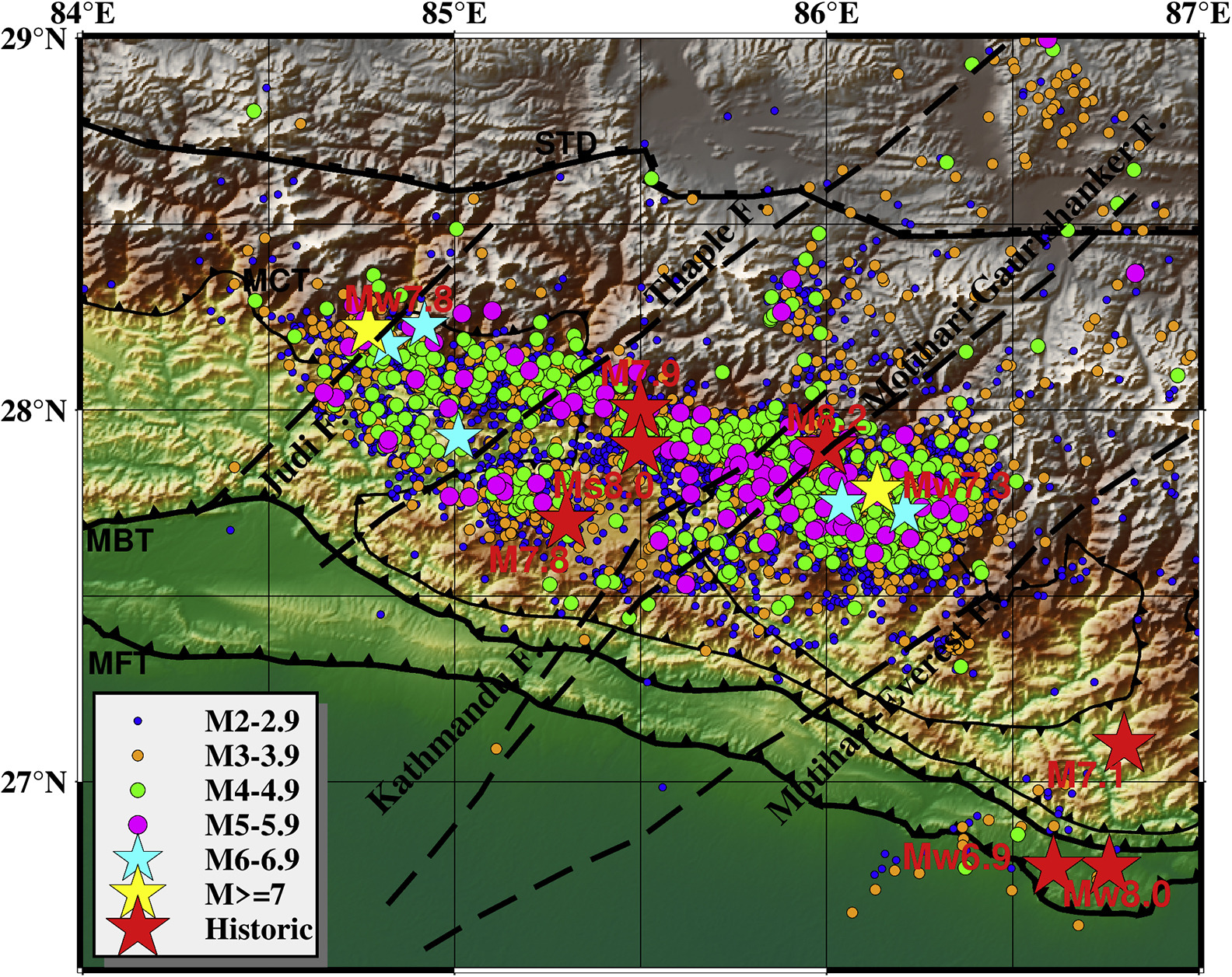 Seismotectonic map showing 10,500 earthquake events (ML ≥ 2.0) and their relationship to Himalayan lineaments.