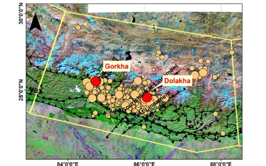 Map of the Himalaya showing the relationship between the Gorkha earthquake and the Dolakha aftershock.