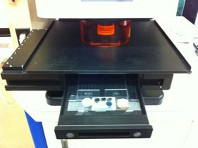 ESI/New Wave large format laser cell, with open sample drawer (6 x 6 x 1”). ESI/New Wave large format laser cell, with open sample drawer (6 x 6 x 1”).
