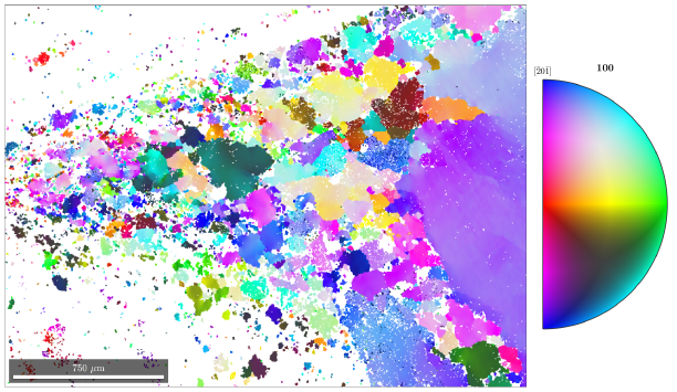 Orientation map of dynamically recrystallized feldspar grain from lower-crustal shear zone in Saskatchewan, Canada. Orientation color-key to right.