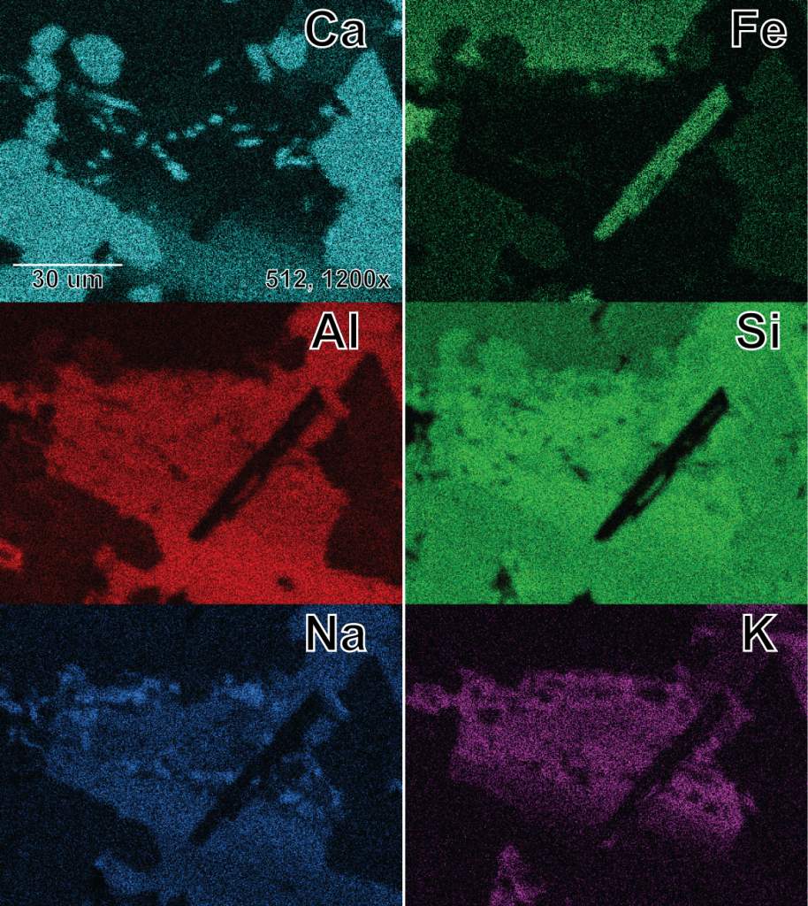 Elemental map of common elements in a basalt, collected at 1200x with a ~200nm step size over ~5 minutes