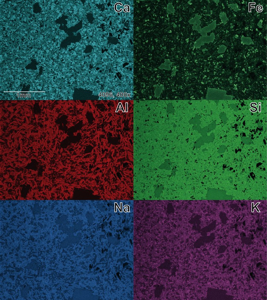 Elemental map of common elements in a basalt, collected at 40x with a ~800nm step size over ~20 minutes