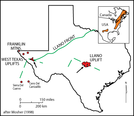 A Grenville-aged orogenic belt formed on the southern margin of Laurentia south of the Llano front during the amalgamation of Rodinia. Plate boundary (dashed) in Llano uplift represents a collisional suture whereas that in west Texas represents closure of a small ocean basin. See Mosher (1998). Direction of tectonic transport (arrows) shown for Llano uplift and west Texas exposures. Inset shows location of Laurentian Grenville orogenic belts. A Grenville-aged orogenic belt formed on the southern margin of Laurentia south of the Llano front during the amalgamation of Rodinia. Plate boundary (dashed) in Llano uplift represents a collisional suture whereas that in west Texas represents closure of a small ocean basin. See Mosher (1998). Direction of tectonic transport (arrows) shown for Llano uplift and west Texas exposures. Inset shows location of Laurentian Grenville orogenic belts.