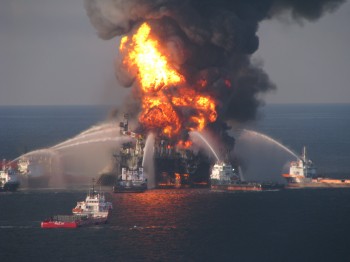 Fire boat crews battle the blazing remnants of the oil rig Deepwater Horizon