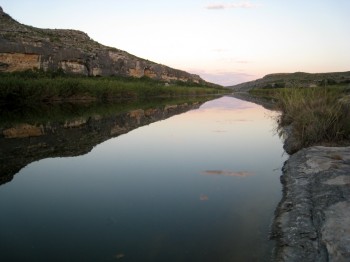 Dawn scene at Lewis Canyon looking north. One of the larger “lakes” on the Pecos River is one of the group’s favorite camping sites.