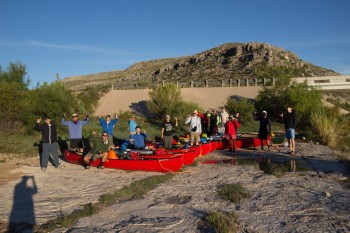 Starting point for the Pecos River Canyon trip at the Pandale low-water crossing near Pandale, Texas. Our group of 14 students and 2 faculty are ready to push off for the trip. Hook-em!