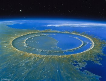 An artist’s impression of what the Chicxulub crater might have looked like soon after an asteroid struck the Yucatán Peninsula in Mexico. Researchers studied the peak rings, or circular hills, inside the crater. Credit Detlev van Ravenswaay/Science Source