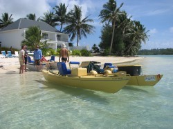 Getting ready to do boat-towed ER survey of Muri Lagoon with catamaran