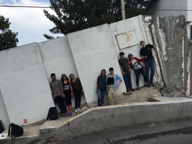 Students by building tilted by subsidence.