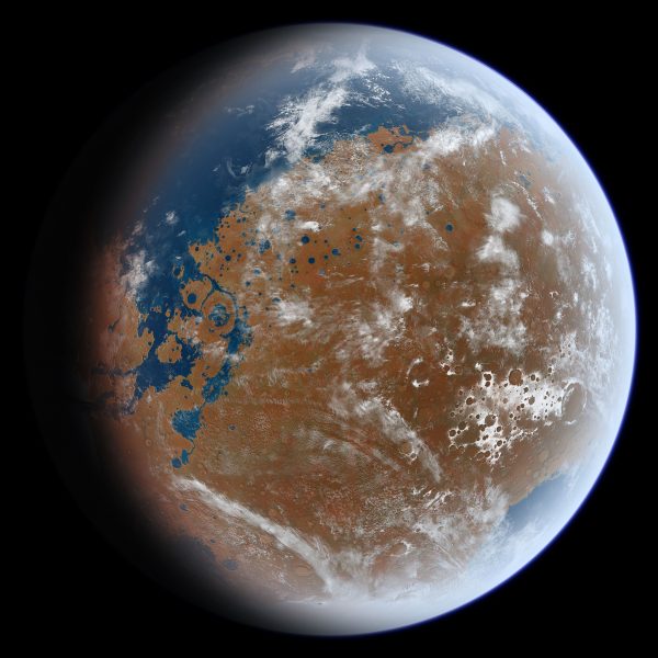 Illustration of Mars from space, showing clouds and a large ocean in the northern hemisphere.