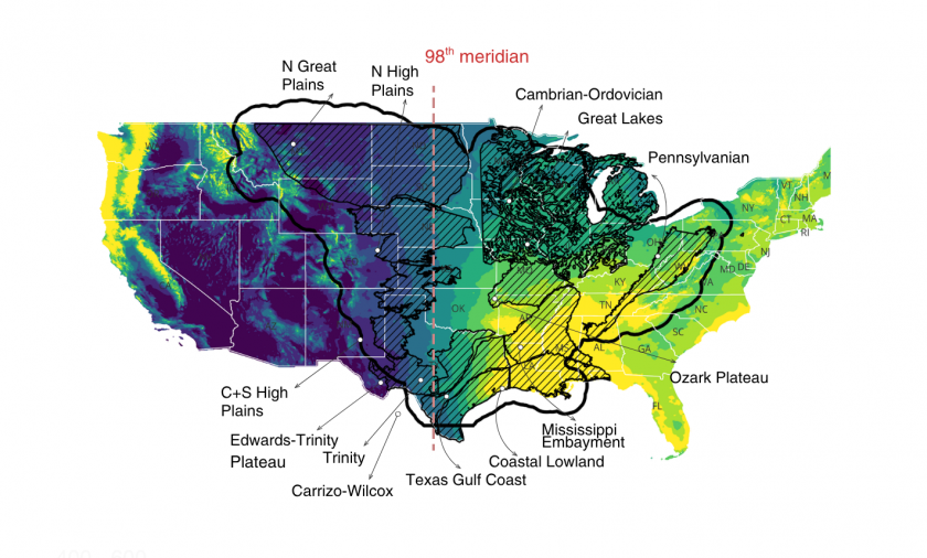 A map of the united states showing a gradient in precipitation from the wet east to the dry west