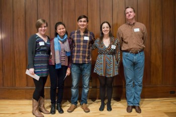 (From left to right) the three winners of the late-career Ph.D. Best poster award with symposium organizer Emily Hernandez Goldstein and a representative from ConocoPhillips.