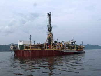 The Glad800 drilling platform taking long sediment cores from the Lake Bosumtwi impact crater.Tim Shanahan. 