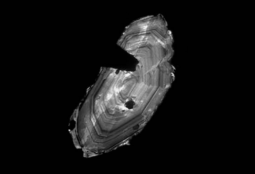 A cathodoluminescence image of a zircon crystal