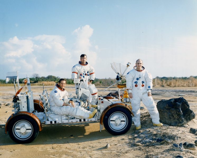 Charlie Duke (left), John Young, And Ken Mattingly Pose With The 1 G Lrv Trainer In The Area At The Cape Where The Crews Practised Geology Procedures