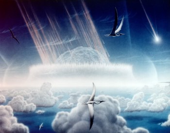 An artist’s impression of the Chicxulub asteroid impacting the Yucatan Peninsula as pterodactyls fly in the sky above. Painting by Donald E. Davis