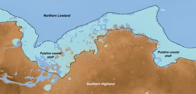 A diagram showing a map of the southern highlands, probably coastal shelf area, and lowlands on Mars.