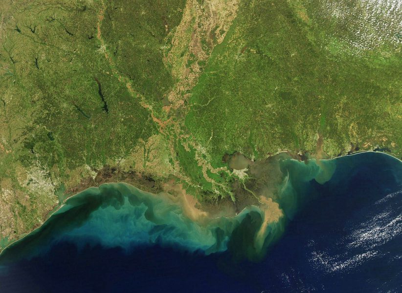 Satellite view of the Gulf coast. Sediment plumes are visible in the sea.