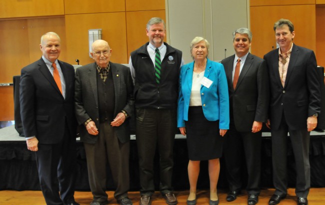 From left: Larry Faulkner, former president of UT Austin; Peter Flawn, Emeritus, former president of UT Austin; Terry Quinn, director of the Institute for Geophysics; Sharon Mosher, dean of the Jackson School; Greg Fenves, president of UT Austin; and Scott Tinker, director of the Bureau of Economic Geology.