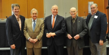 The Jackson Five (from left): Scott Tinker, director of the Bureau of Economic Geology; Bill Fisher, professor and the Jackson School’s inaugural dean ; Larry Faulkner, former president of UT Austin; Peter Flawn, former president of UT Austin; and James Langham, Jackson’s longtime financial advisor and executor of his estate.