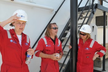 Project manager Claire Mellet (left) with Chicxulub Co-PIs Sean Gulick and Joanna Morgan 