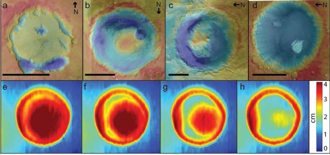 Sediment-filled craters on Mars (top) in different stages of erosion compared with results of a crater model in wind-tunnel experiment (bottom). Warm colors indicate high elevation, cool colors low elevation. Mackenzie Day
