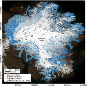 A map of Devon Island ice cap. The inner half is within the ice slab zone, beyond that most of ice sheet has blue lines indicating water channels, which are numerous.