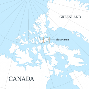 Map of the region. Devon Island lies about halfway between the Canadian mainland and Greenland.