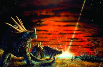 Artwork of dinosaurs watching the impact of a large asteroid on Earth. 