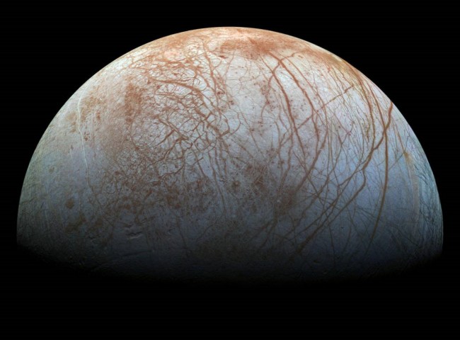 The surface of Europa as seen by NASA’s Galileo spacecraft in the late 1990s. NASA