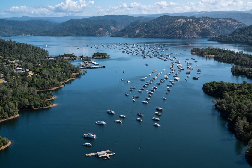 An aerial view of Bidwell Canyon Marina showing Lake Oroville.