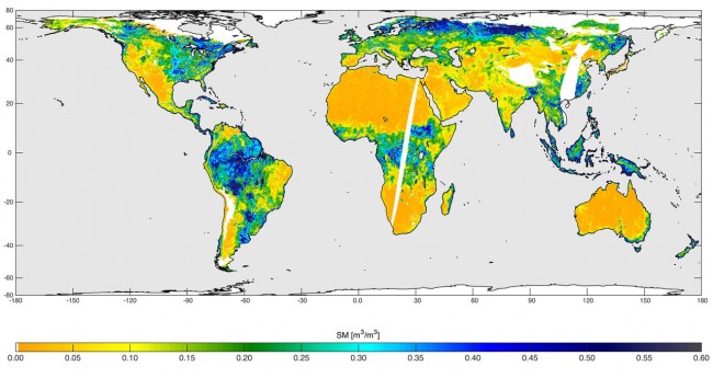 Global soil moisture map created by NASA’s SMAP satellite.