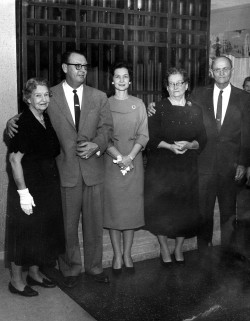 Jack and Katie standing with her parents, Augusta M. and Otto A. Graeter, Sr., and Jack’s mother, Edna Elizabeth Blakey Jackson, at his side.