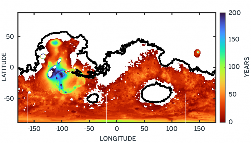 The top half of the map is mostly white, the rest is largely red and orange with a blue-green patch in the western hemisphere.