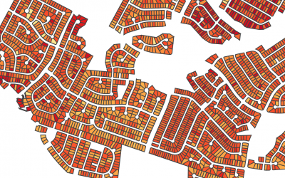 A map of an unnamed neighborhood shows properties colored according to indoor heat risk.