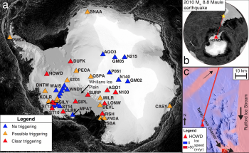 Map of icequake triggering events from the 2010 magnitude 8.8 Chile earthquake.