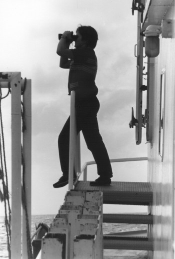 Patricia Ganey-Curry on the deck of the UTIG seismic research vessel the RV Ida Green in 1977.