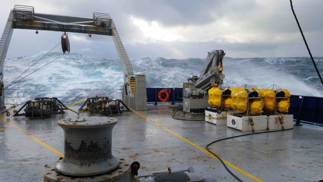 Seafloor absolute pressure gauges lashed to the deck of the R/V Roger Revelle. The devices measure slow-slip events on the ocean floor. Justin Ball, University of Colorado.