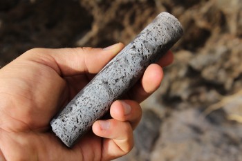 A core of basalt sampled from the streambed of Puanui Gulch on the dry-side of Kohala Peninsula.Kory Kirchner.