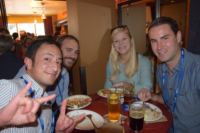 Jay Santillan (PH.D. ’14) and Isaac Smith (Ph.D.’13) catch up with Aaron Jones (M.S. ’11) and his wife Holly at AGU IN December 2014.